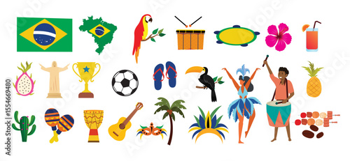 travel to brazil set culture sights nature stickers country map flag soccer balls carnival celebration tropical paradise animals beach party cartoon illustration