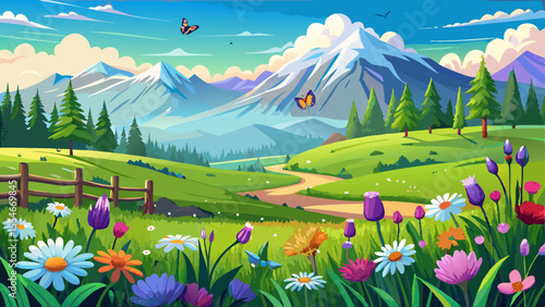 A lush green meadow stretches into the distance, dotted with vibrant wildflowers swaying in a gentle breeze. Butterflies float above lavender and daisies. In the background, snowy mountain peaks touch