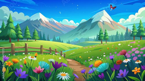 A lush green meadow stretches into the distance, dotted with vibrant wildflowers swaying in a gentle breeze. Butterflies float above lavender and daisies. In the background, snowy mountain peaks touch