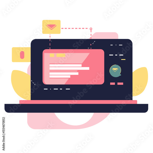 Flat minimalist vector illustration of laptop with email message notification and digital messaging icons on screen for online communication concept