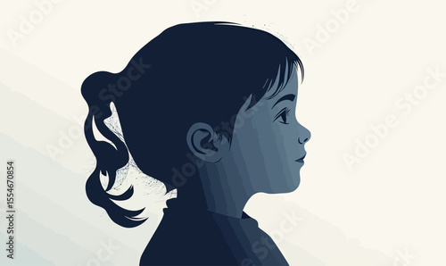 Side silhouette profile of little girl with ponytail in minimalist flat vector style digital illustration portrait on light background
