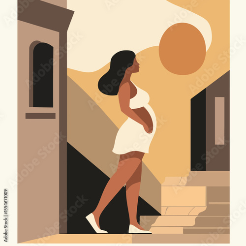 Minimalist vector illustration of pregnant woman walking outdoors with modern architecture and sun in warm beige and brown tones
