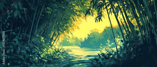 Forest scene with trees water and bright light shining through the canopy.