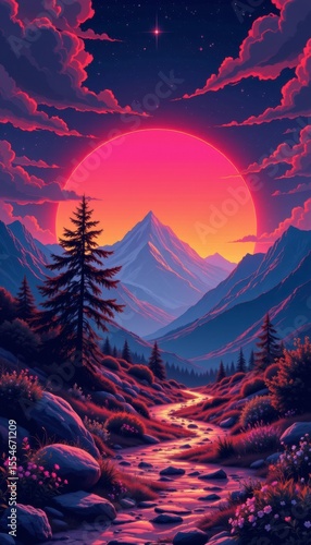 Pixel Art Sunset Landscape Pink and Purple Sky over Mountains and River