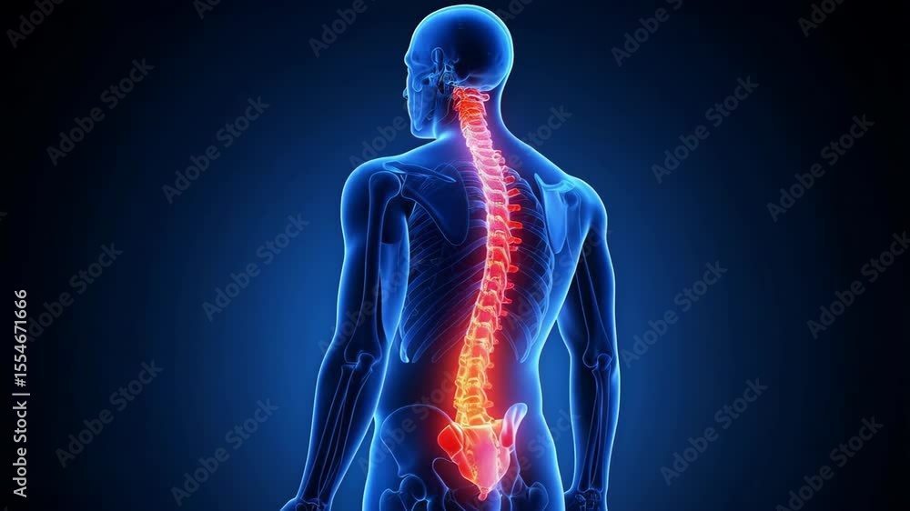 3D rendering showing the human body with the spinal cord highlighted in ...