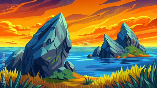 Coastal grassland landscape with volcanic rocks and sea breeze, beautiful beach