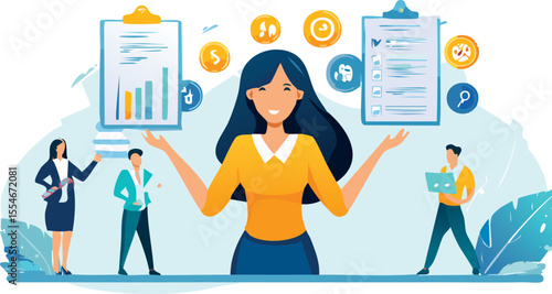 Comparison vector scene showing stressed micromanaging boss versus relaxed leader delegating tasks. Illustrates leadership styles and effective team management.