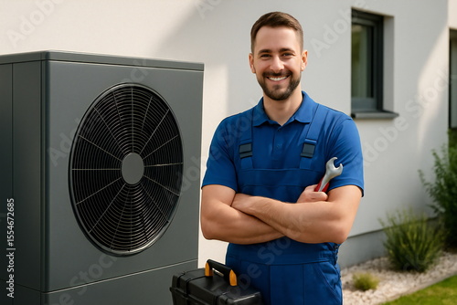 HVAC technician stands confidently with tools beside heat pump at residential property on a sunny afternoon