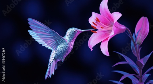 Hummingbird near pink lily flower