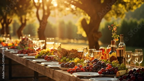 Long table decorated with autumn fruits and wine in beautiful orchard setting at sunset