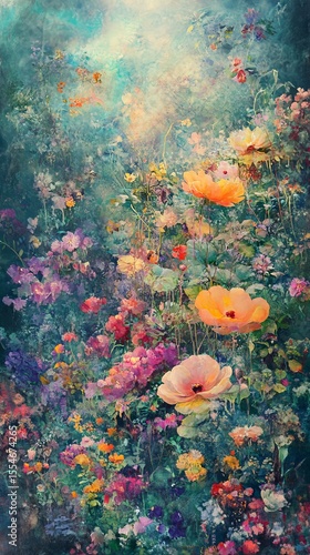Colorful flowers bloom in a garden with a soft dreamy ethereal aesthetic.