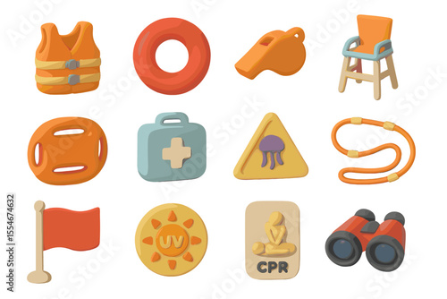 Colorful water safety icons including life vest and whistle