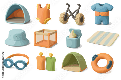 Colorful baby essentials collection with toys and clothing