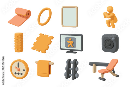 3d orange and gray fitness icons on gradient background