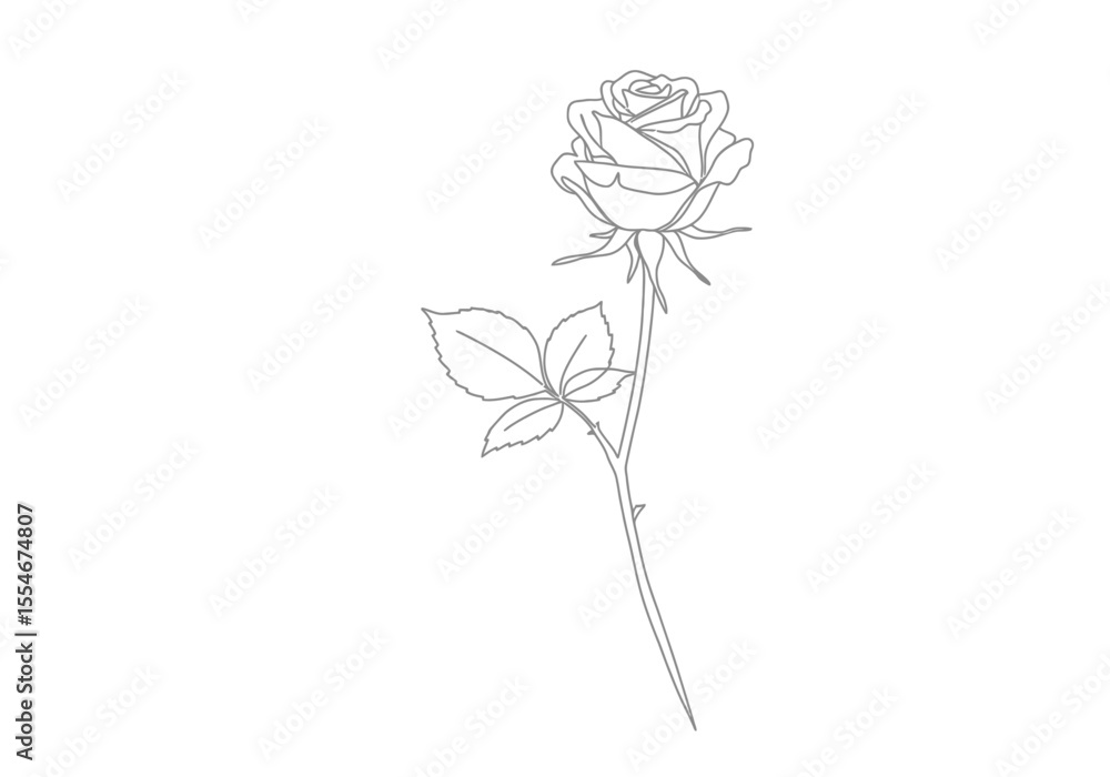 Rose stem drawing. It is a black and white outline image of a single rose on a long stem with leaves, ideal for minimalist designs. Vector sketch line art draw. Rose stem drawing. It is a black and white outline image of a single rose on a long stem with leaves, ideal for minimalist designs. Vector sketch line art draw.