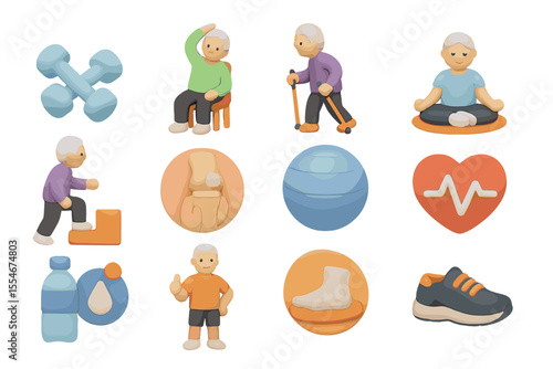 Elderly fitness icons: exercise, wellness, health, elderly, active
