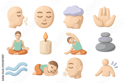 Relaxation and meditation icons featuring breathing, yoga, and mindfulness