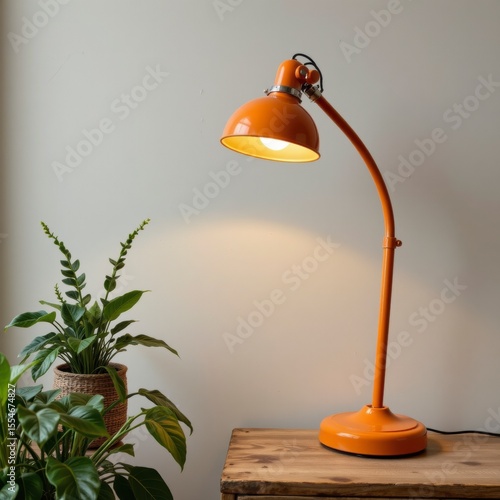 Orange Metal Desk Lamp with Plant on Wooden Table