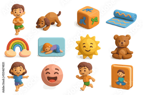 Playful clay figures and objects featuring kids, animals, and toys