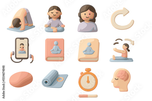 Meditation and exercise icons with diverse people and fitness equipment