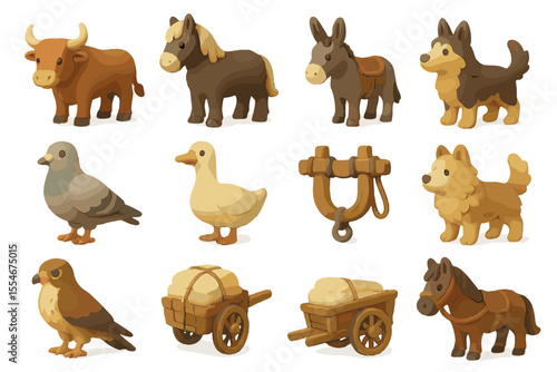 Cute clay farm and woodland animal figures with cart and saddle