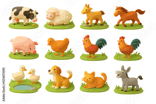 Colorful cartoon farm animals on grass background