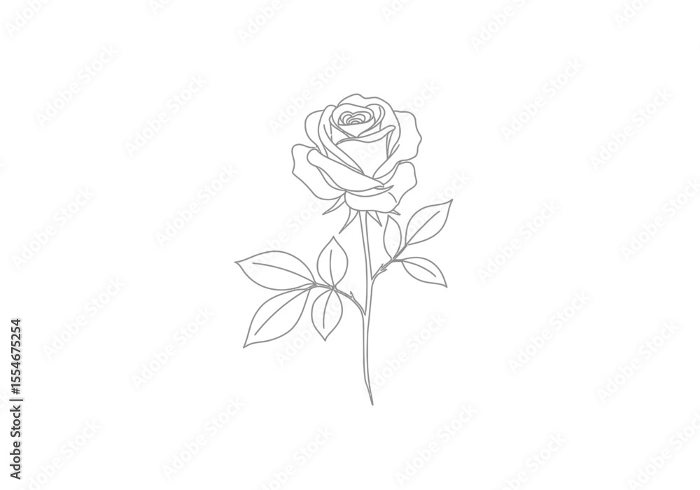 Obraz premium Aesthetic rose drawing. It is a black and white outline image of a delicate rose with leaves, perfect for minimalist and aesthetic designs. Vector sketch line art draw.