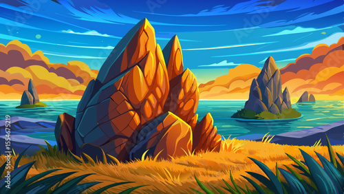 Coastal grassland landscape with volcanic rocks and sea breeze, beautiful beach