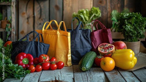 Ecofriendly shopping bags with produce on rustic table photographed professionally