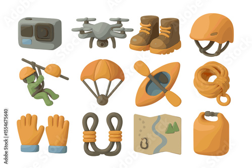 Outdoor adventure gear icons set with equipment for hiking and kayaking