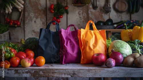 Ecofriendly shopping bags with produce on rustic table photographed professionally