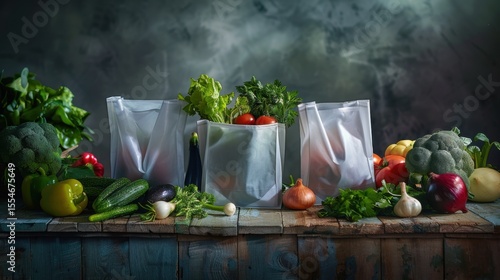 Ecofriendly shopping bags with produce on rustic table photographed professionally