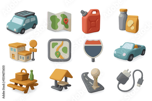 Travel and navigation icon set featuring cars and maps in soft colors
