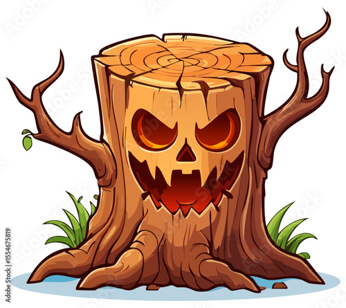 Cartoon halloween tree stump with scary face, isolated 