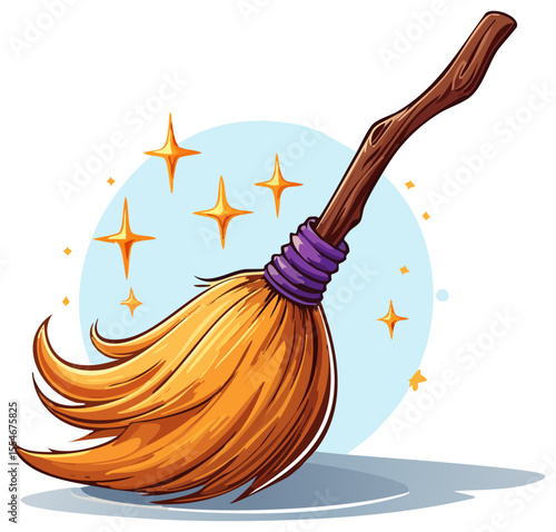 Halloween witches broomstick with stars, isolated 