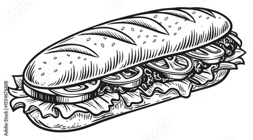 Black and White Sub Sandwich Illustration – Vintage Deli Hoagie Drawing