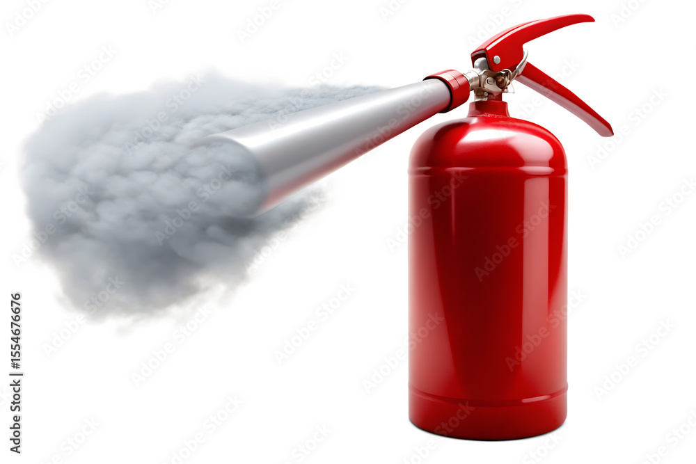 Obraz premium Red fire extinguisher spraying white smoke isolated on a transparent background fire safety