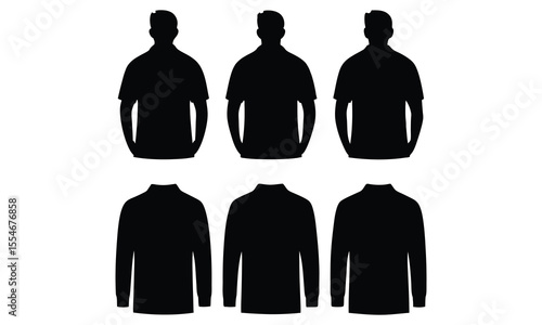 Collection of black silhouettes of men wearing short sleeve polo shirts and long sleeve shirts against a white background