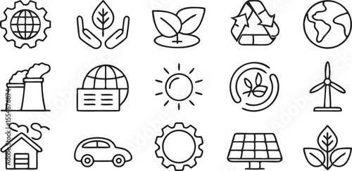 Net Zero Icon Set in Black Line Style Featuring Emission Reduction and Eco Friendly Elements