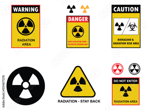 Radiation Warning Sign Set – Nuclear Hazard Symbols  in Triangle, Rectangle, Circle and Square Layouts for Radioactive Material and Zone Safety Labels