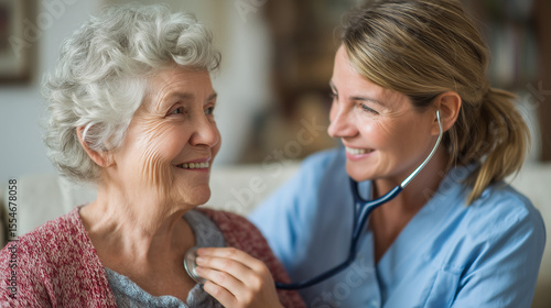 A friendly home nurse checks the health of a cheerful senior lady with a stethoscope. A concept for geriatric care, home visits, and trusted medical assistance for the elderly