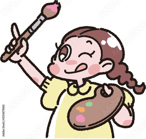 パレットと絵筆を持った女の子のイラスト
