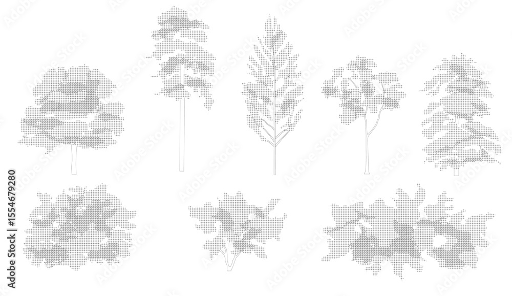 Fototapeta premium Trees and bushes in elevation view for use in architectural drawings