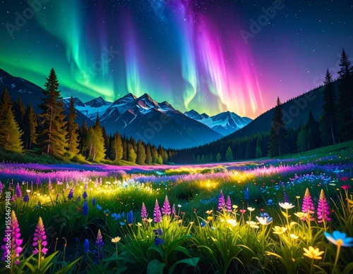The enchanting panorama of a wildflower meadow, nestled beneath the mesmerizing dance of the aurora borealis, with mountains. It's a celebration of nature's artistry.