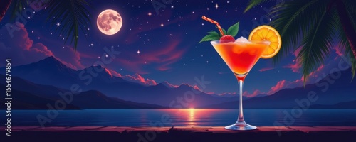 Tropical Cocktail at Sunset Nighttime Ocean View with Full Moon