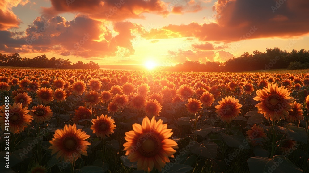 Obraz premium Sunset over a vast sunflower field