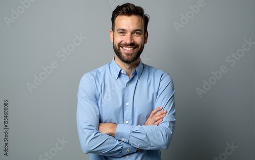 Handsome business man in blue shirt standing with crossed arms on gray background. High quality