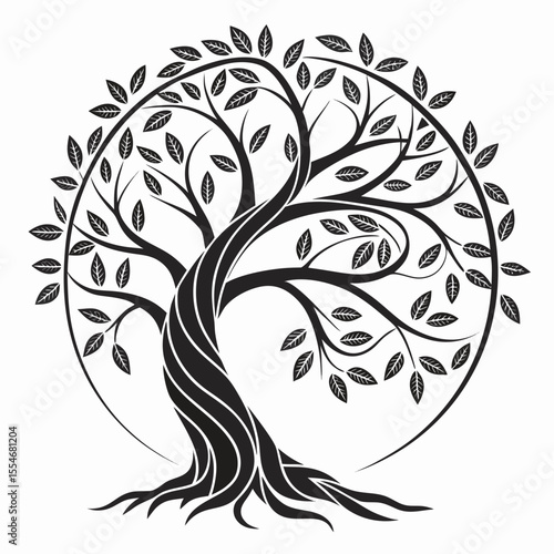 Decorative tree of life illustration black and white with leaves within a circular design