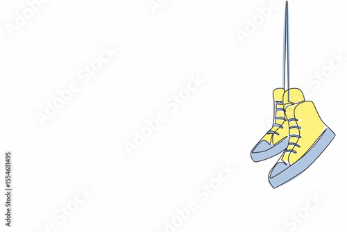 Single continuous line drawing a pair of sneakers hanging. Aired before being placed on the shoe rack. Care. Comfort. National Two Different Colored Shoes Day. One line design vector illustration