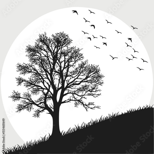 Silhouette of a bare tree with flying birds on a hillside against a grey background